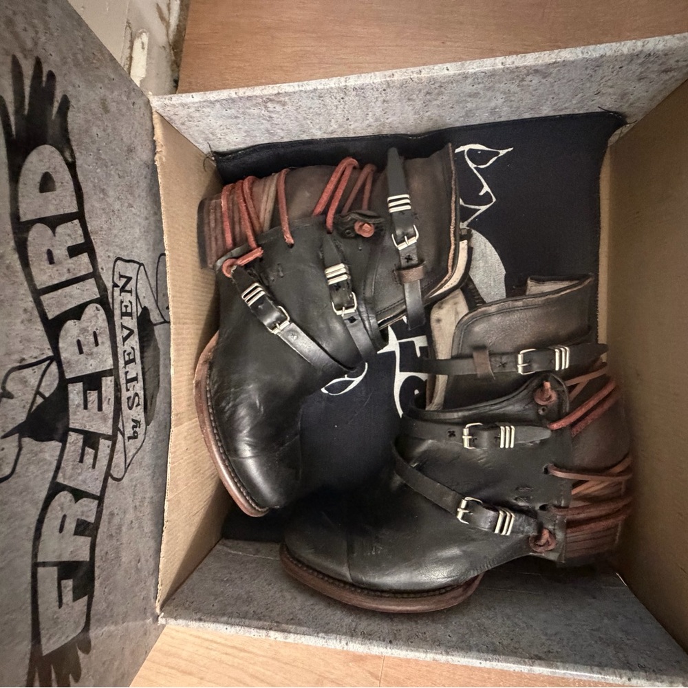 Freebird by Steven Black Leather Ankle Boots with Brown Lace Wraps